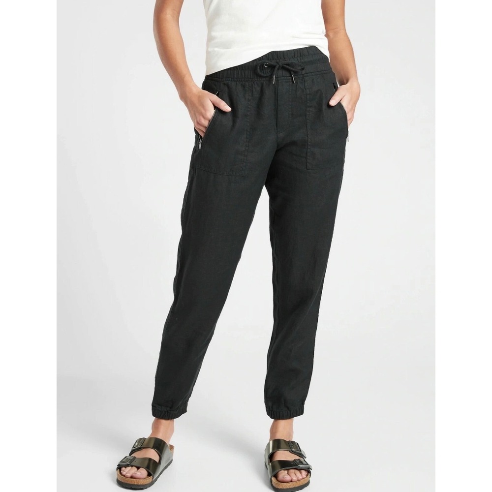 Athleta‎ Cabo Linen Jogger Pants Black Drawstring Elastic Waist, Pockets Size 8